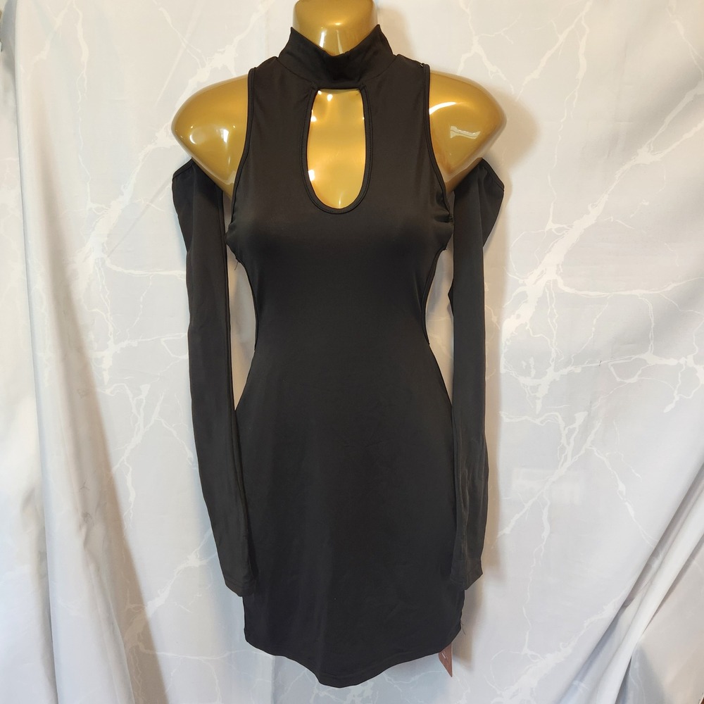 Shein SXY Mini Bodycon‎ Halter Dress Women's S Black Keyhole Cutout Arm Sleeves
